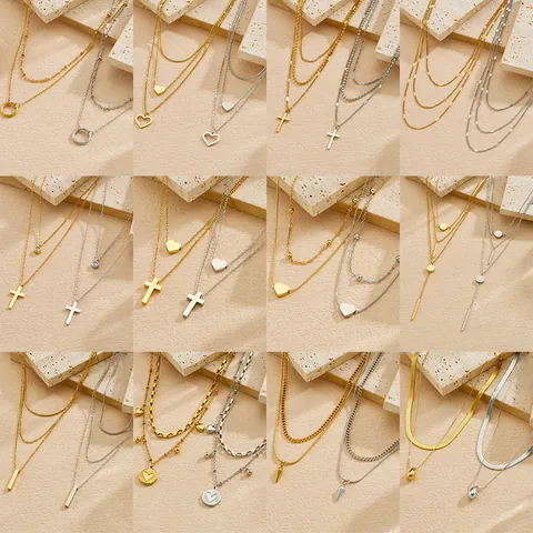 Luxuriöse 304 Edelstahl Mehrlagige Anhänger Halskette Vergoldet Herz Kreuz Wassertropfen Strass Mehrschichtiger Schmuck für Damen