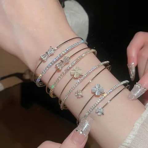 Koreanische Mode Zweischichtiger Offener Quadratischer Zirkonia Armreif Damen Luxus Minimalistisch Kupfer Armband Schmuck Geschenk