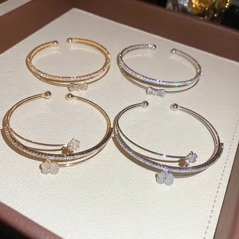 Koreanische Mode Zweischichtiger Offener Quadratischer Zirkonia Armreif Damen Luxus Minimalistisch Kupfer Armband Schmuck Geschenk