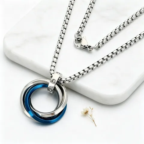 Hip Hop Stainless Steel Interlocked Triple Ring Pendant Necklace Rhinestone Geometric Color Block Box Chain For Men Women