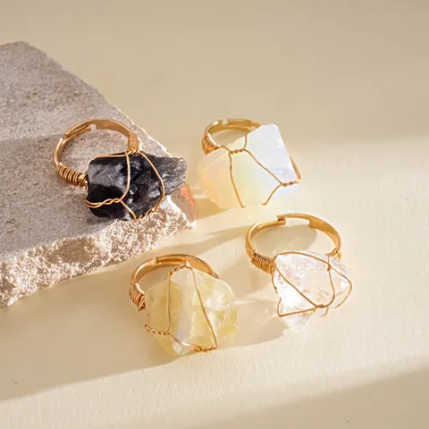 Natural Crystal Raw Stone Wire Wrapped Ring Alloy Handmade Adjustable Open Ring Geometric Light Luxury Women Jewelry