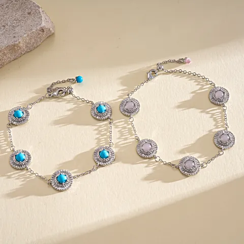Retro Alloy Round Texture Resin Bracelet For Women Silver Pink Blue Boho Chic Charm Bracelet Fashion Jewelry