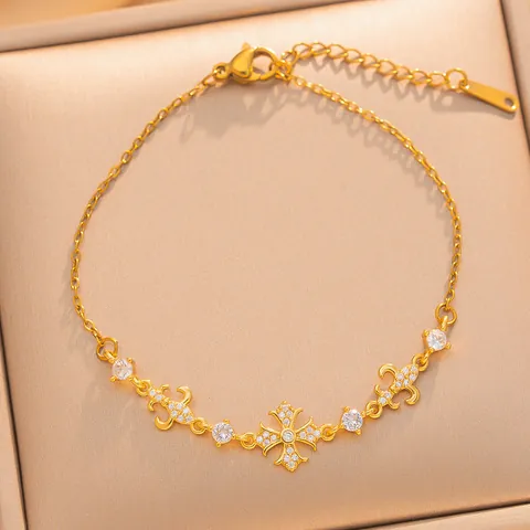 French Vintage Titanium Steel Fleur De Lis Cross Charm Bracelet Women Gold Silver Plated Rhinestone Adjustable Jewelry Gift