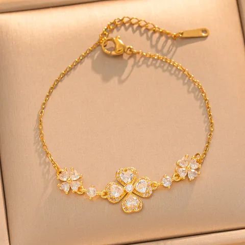 Damen Titanstahl Kupfer Roségold Überzogene Kirschblüte Armband Elegant Strass Herz Floral Gliederkette Armband Schmuck