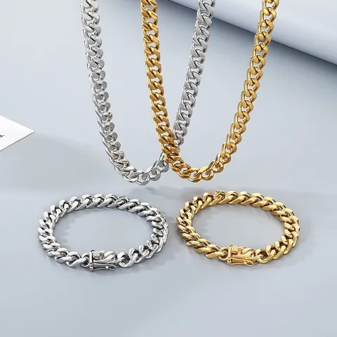 Ανοξείδωτο Ατσάλι Αλυσίδα Cuban Link Κολιέ Και Βραχιόλι Άνδρες Γυναίκες Κούμπωμα Κεφαλή Δράκου Χρυσό Ασημί Κόσμημα