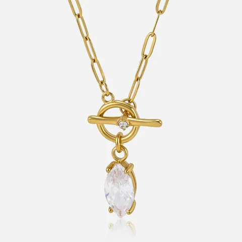 Minimalist Stainless Steel Paperclip Chain Pendant Necklace For Women Marquise Zirconia Rhinestone Toggle Clasp Jewelry
