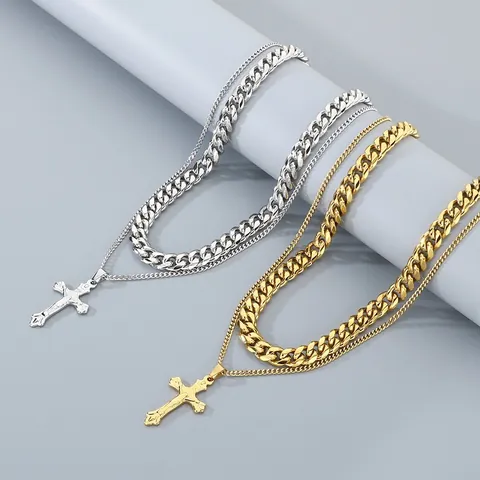 Punk Titanstahl Mehrlagige Halskette Und Armband Kombination Für Herren Hip Hop Panzerkette Kreuz Anhänger Schmuck
