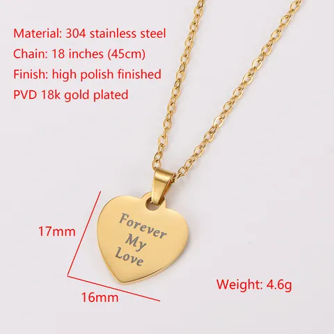 304 Stainless Steel Heart Pendant Necklace Engraved Forever My Love Couple Jewelry Gift For Women Men 18K Gold Plated Necklace