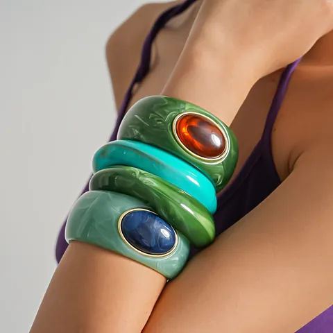 Brazalete de Mármol Acrílico Geométrico Irregular Para Mujeres Retro Resina Difuminada Inserción Aleación Borde Dorado Pulsera de Moda Conmutadora Joyería