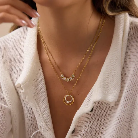 316L Edelstahl Strass Doppelkreis Anhänger Halskette Für Damen Vergoldet PVD Schmuck Nischendesign Geometrische Kette Geschenk