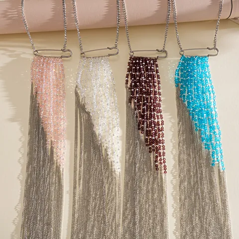 Women's Western Personalized Long Tassel Necklace Glass Beads Metal Chain Safety Pin Pendant Exaggerated Niche Fashion Neck Jewelry
