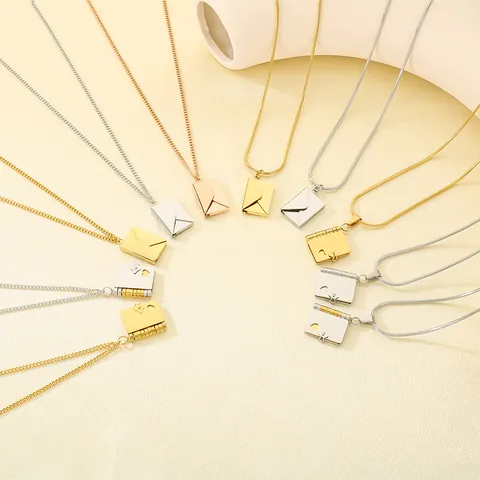 Stainless Steel Envelope Book Pendant Necklace Literary Style Love Letter Locket Snake Chain Romantic Jewelry For Women Men