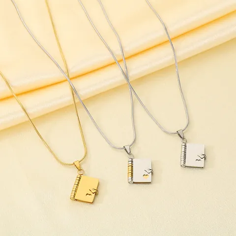 Stainless Steel Envelope Book Pendant Necklace Literary Style Love Letter Locket Snake Chain Romantic Jewelry For Women Men