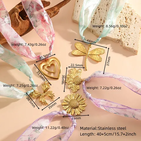 Stainless Steel Sunflower Heart Dragonfly Butterfly Pendant Silk Scarf Necklace For Women Gold Floral Printed Satin Choker Literary Retro Jewelry