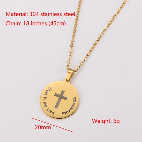 Collar con Colgante de Cruz Redonda de Acero Inoxidable Trust In The Lord Versículo Bíblico Proverbios 3:5 Chapado en Oro de 18K Joyas Cristianas Religiosas para Hombre Mujer
