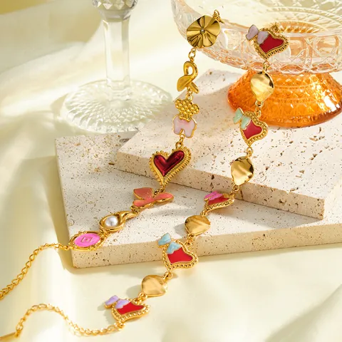 Pulsera de Abalorios de Moda de Acero Inoxidable con Corazón y Lazo con Perla Artificial Strass Aceite de Goteo Joyería Chapada en Oro Mujer