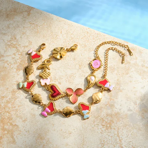 Pulsera de Abalorios de Moda de Acero Inoxidable con Corazón y Lazo con Perla Artificial Strass Aceite de Goteo Joyería Chapada en Oro Mujer