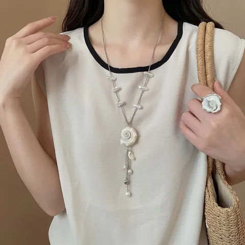 Inselstil Schnecke Muschel Künstliche Perle Halskette Ring Sommer Meer Urlaub Nische Designer Legierung Strass Schmuck Für Damen