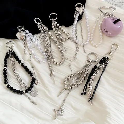 Fashion Ins Style Heart Star Artificial Pearl Keychain Rhinestone Cross Iron Alloy Bag Pendant Accessory For Women