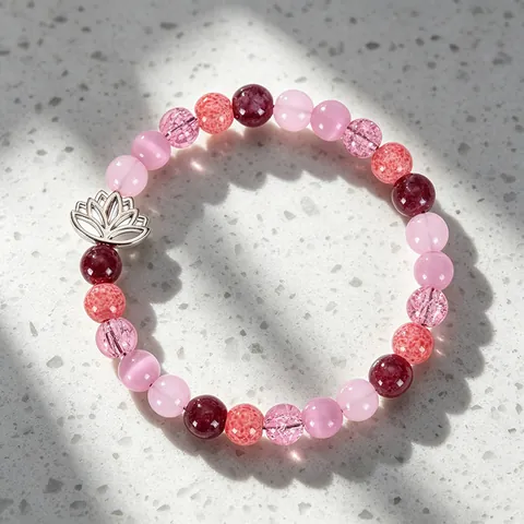 Natural Stone Pink Crystal Strawberry Quartz Beaded Bracelet Alloy Lotus Charm Anxiety Stress Relief Meditation Yoga Jewelry