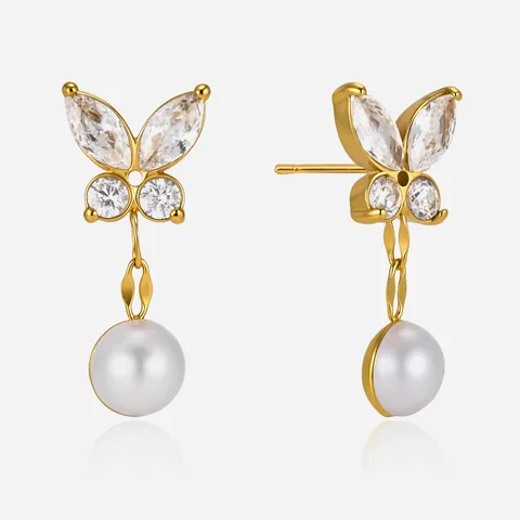 Pendientes de Botón de Mariposa de Acero Inoxidable Chapado en Oro de 18K Estrás Perla Artificial Set para Mujeres