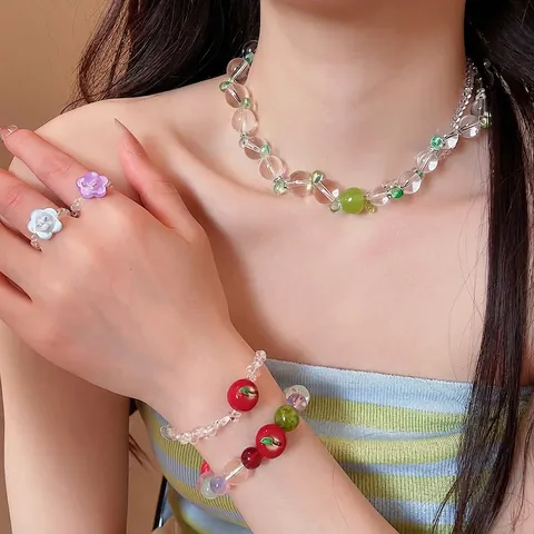 Estate Limitata Collana Bracciale Orecchini Anello in Perline Cristallo Artificiale Zirconia Dolce Mela Fiore Gioielli Donna