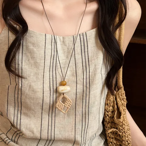Vintage Neo-Chinese Ethnic Style Braided Long Necklace For Women Bohemian Resin Alloy Pendant Necklace Literary Retro Handmade Fashion Jewelry Gift