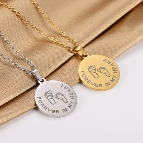 Stainless Steel Round Plate Forever In My Heart Pendant Necklace Laser Engraved Baby Footprints Memorial Jewelry Gift For Women