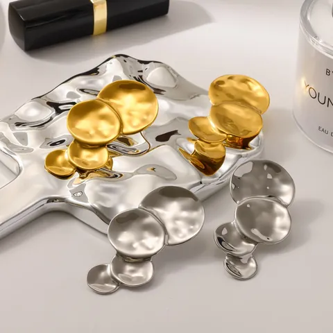 Übertriebene Große Edelstahl Gehämmert Runde Scheibe Tränentropfen Ohrringe Für Damen Personalisierte Mode Schmuck Gold Silber