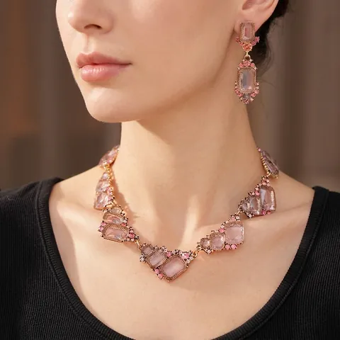 Collana con Strass Quadrati Irregolari Geometrici Solo Orecchini Gioielli in Lega Rosa Blu Viola Pendente Catena per Clavicola Accessori di Lusso Leggero