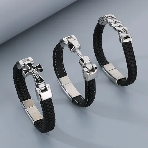 Men's Braided Cowhide Leather Titanium Steel Bracelet Cross Anchor Skull Infinity Knot Punk Vintage Hand Jewelry