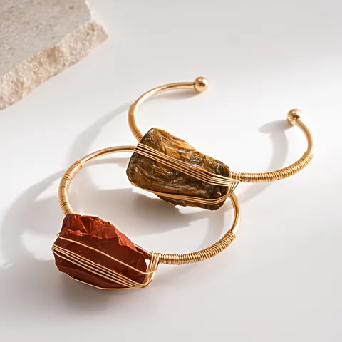 Vintage Natural Raw Stone Wire Wrapped Bangle Bracelet For Women Retro Gold Plated Tiger Eye Red Jasper Cuff Bracelet Jewelry