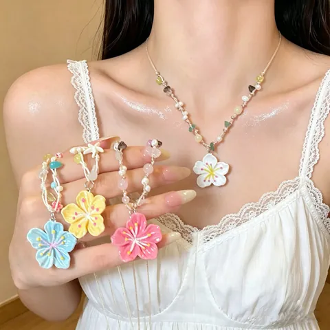 Collar de Flores con Cuentas de Cristal Artificial Dopamina de Verano Estilo Resort Fresco y Dulce Colgante Floral de Aleación para Mujer Joyería de Vacaciones