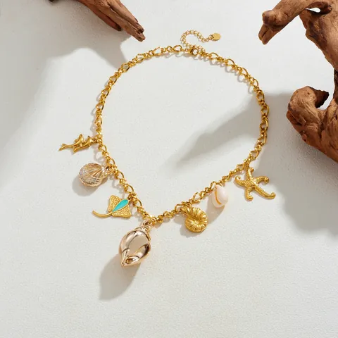 Edelstahl Vergoldet Meereslebewesen Muschel Seestern Anhänger Halskette Strand Sommer Mode Schmuck Geschenk Für Damen
