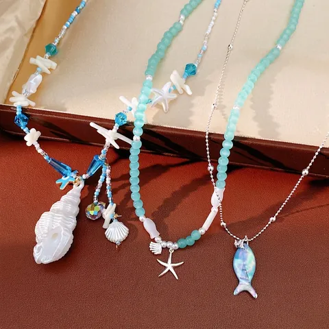 Oceaan Thema Glazen Kraal Schelp Hanger Halsketting Voor Vrouwen Zeester Schelp Vis Charm Halsketting Strand Vakantie Sieraden