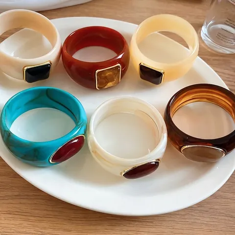 Bohemian Thick Acrylic Bangle Bracelet For Women Vintage Gradient Resin Square Inlaid Alloy Wide Hand Cuff Jewelry Gift