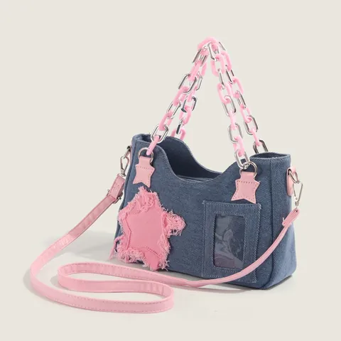 Borsa a Spalla da Donna in Tela Casual Con Catena Rosa Spessa Decorazione Cuore Stella Borsa a Tracolla Y2K per Viaggio Quotidiano Regalo