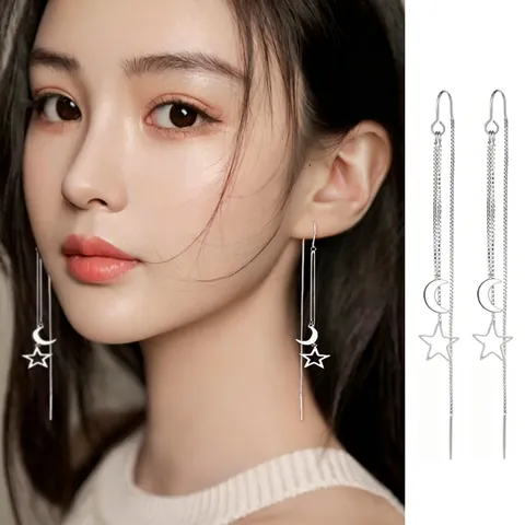 Long Tassel Ear Threads Earrings With Star And Moon Charms Copper Elegant Korean Style Jewelry For Women