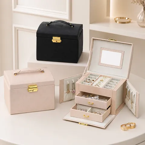 Jewelry Organizer Box PU Leather 3 Layer Lockable With Mirror Handle Portable Travel Storage Case For Women Girls Elegant