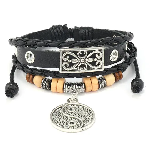 Bracciale in Pelle di Vacchetta Intrecciata Retrò Pendente Tai Chi in Lega Perline Legno Cordino Cerato Multistrato Gioielli