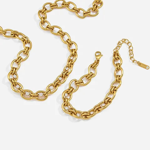 Set di Gioielli in Acciaio Inossidabile con Maglia Cubana e Zirconia per Donna Collana a Doppia Catena e Bracciale Placcato Oro