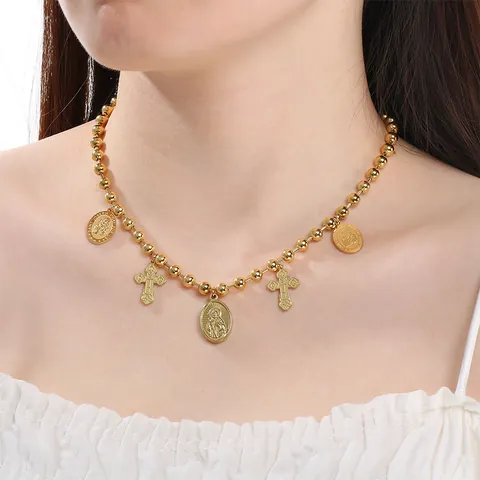 Collar de Acero Inoxidable con Colgante de la Virgen María American Retro Con Perlas Artificiales Cruz Colgantes Múltiples Cadena de Bolas Para Mujer