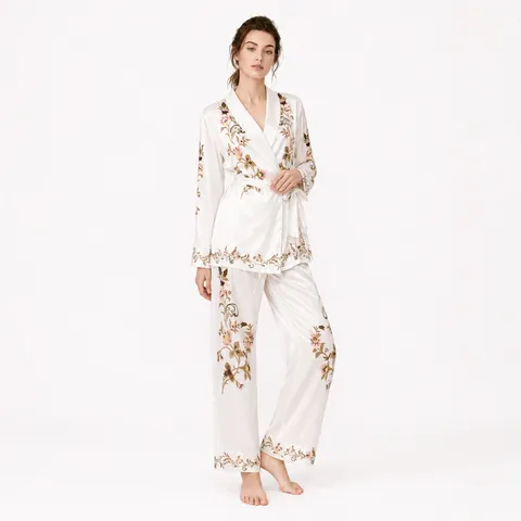 Eleganter Satin Schlafanzug Mit Blumenstickerei Langarm Wickeltop Und Hose Vintage Homewear Für Damen Komfortabler Pyjama