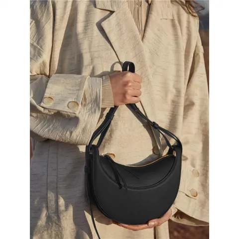 Women Elegant Half Moon Crossbody Bag Litchi Grain Cowhide Shoulder Bag With Adjustable Strap Solid Color Retro Style Satchel