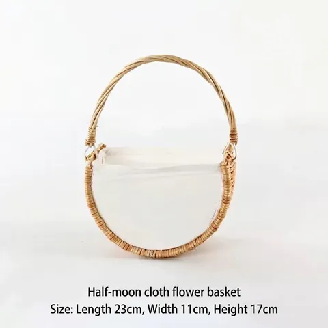 Hand Woven Willow Rattan Flower Basket With Lace Ribbon Bow Pearl Handle Pastoral Style Storage Picnic Basket For Wedding Home Decor