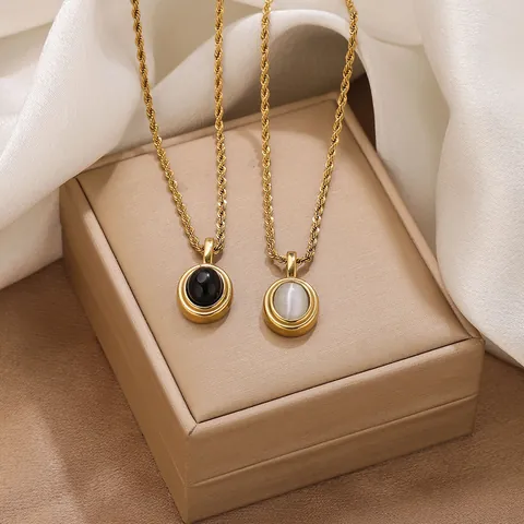 Vintage Edelstahl Kordelkette Halskette Für Damen Minimalistisch Oval Obsidian Katzenauge Stein Anhänger Pullover Kette Schmuck