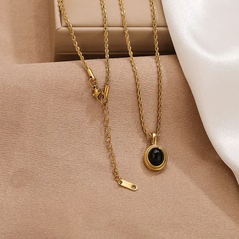 Vintage Edelstahl Kordelkette Halskette Für Damen Minimalistisch Oval Obsidian Katzenauge Stein Anhänger Pullover Kette Schmuck