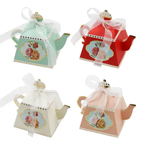 Vintage Teapot Shape Candy Box Gold Stamping Rose Flower Paper Gift Box With Ribbon For Wedding Party Valentine Day Packaging