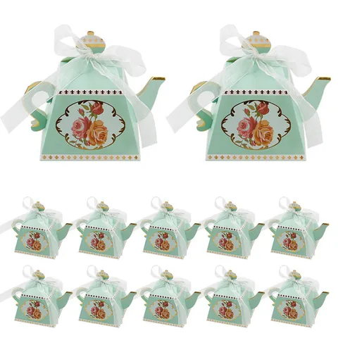 Vintage Teapot Shape Candy Box Gold Stamping Rose Flower Paper Gift Box With Ribbon For Wedding Party Valentine Day Packaging