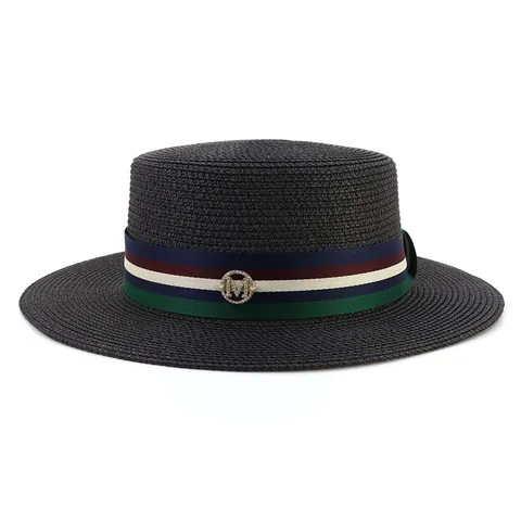 Women Flat Top Boater Hat Summer Paper Straw Sun Hat With Striped Ribbon Metal Logo Rhinestone Wide Brim Beach Vacation Hat
